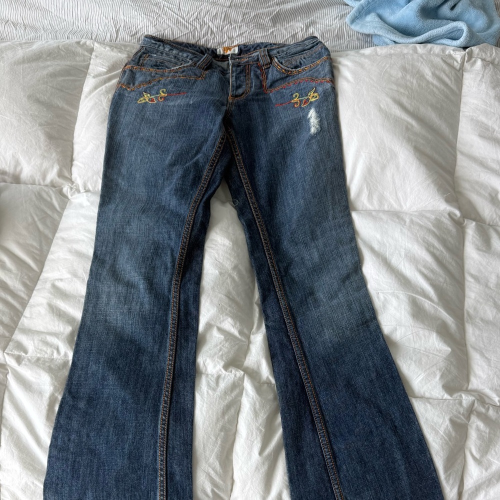 Antik Denim Dark Blue Jeans with Bold Orange Accents 1960, 1970 style